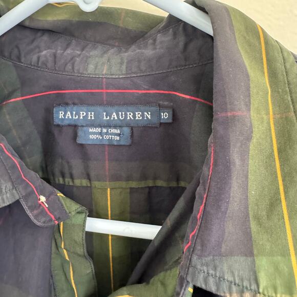 Ralph Lauren Women's Green Blue Plaid Ruffle Button Up Size 10 - Picture 2 of 3